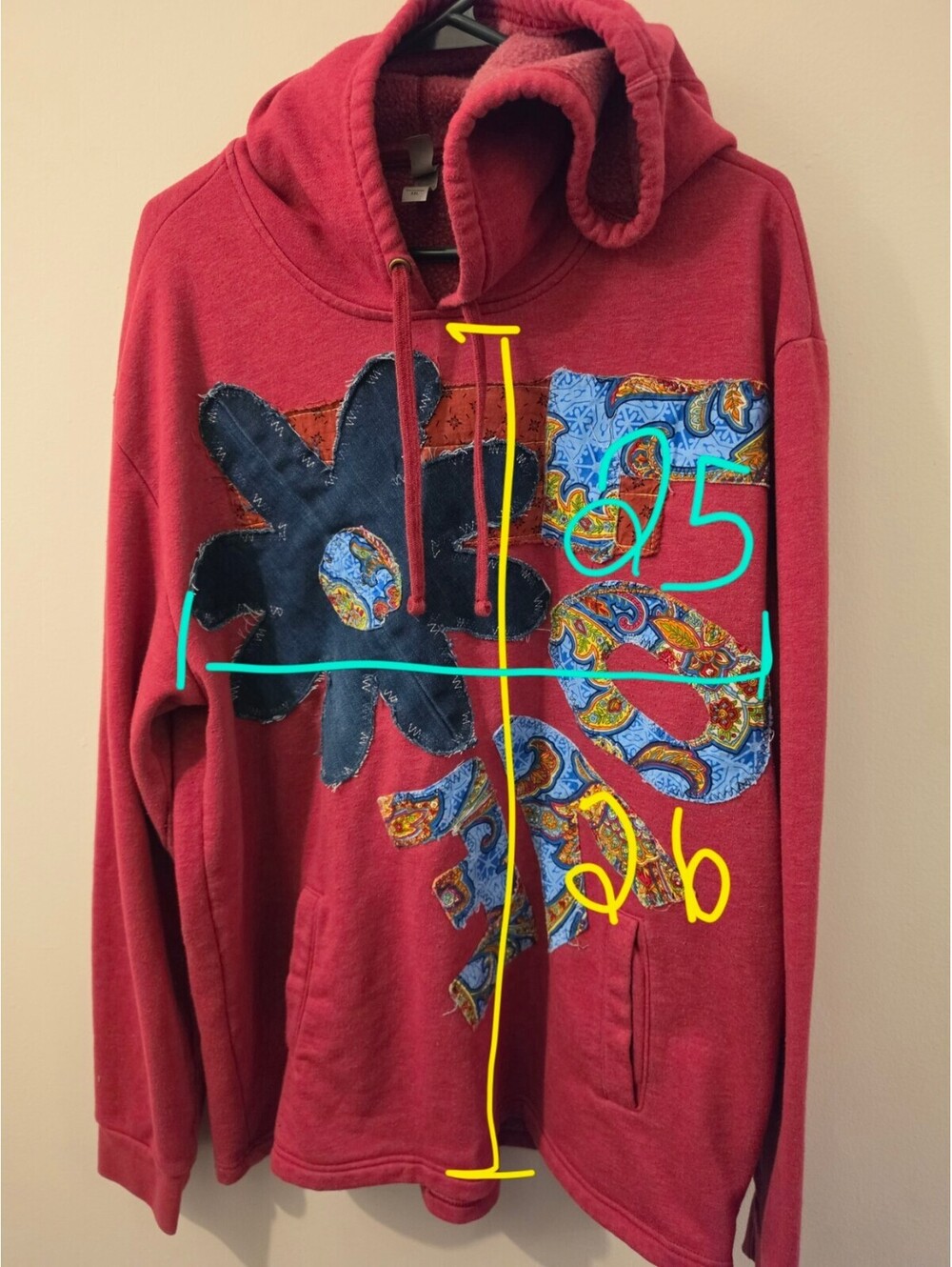 Next Level Xxl Upcycled Red Hoodie Denim Flower Love Appliqu Wearable Art View 5
